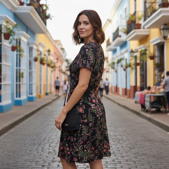 • New Rachel Zoe Black Floral Print Wrap Dress Vneck Lined Size Large - Picture 5 of 13